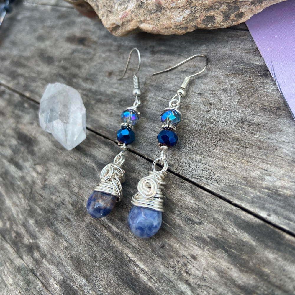 Wire Wrapped Sodalite Briolette Gemstone Dangle Earrings - Handmade - Picture 5 of 11